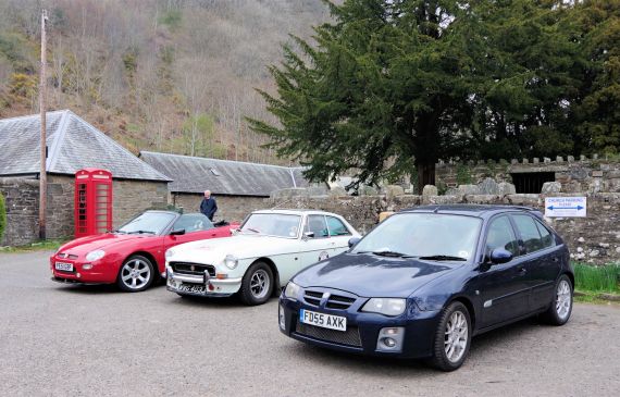 In April 2019, we had a trip to Killin in Perthshire. This photo shows members' cars parked at Fortingall.
